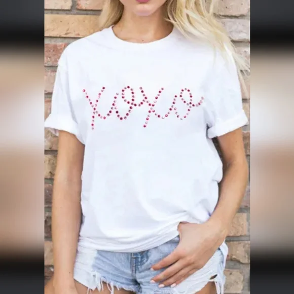 💗 Last Two!! White Rhinestone XOXO Valentine Tee - Picture 1 of 5
